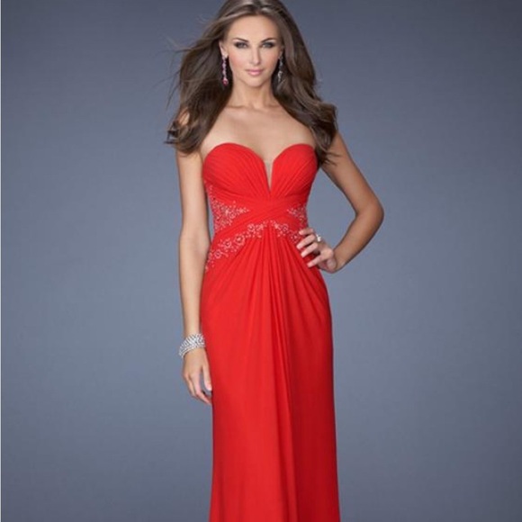 Red dress long Elegant Red Strapless Evening Gown size 6 womens beads lace - Picture 2 of 16